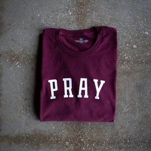 Pray Adult Box T-Shirt - BURGUNDY w/ WHITE LETTERING - Size Large Unisex